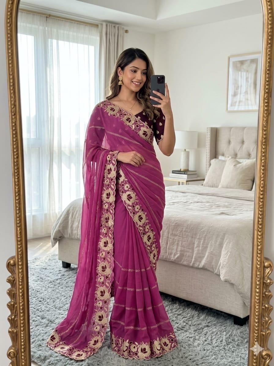 Indian Bollywood Designer Georgette Saree Embroidery Work Blouse Party Wear Sari