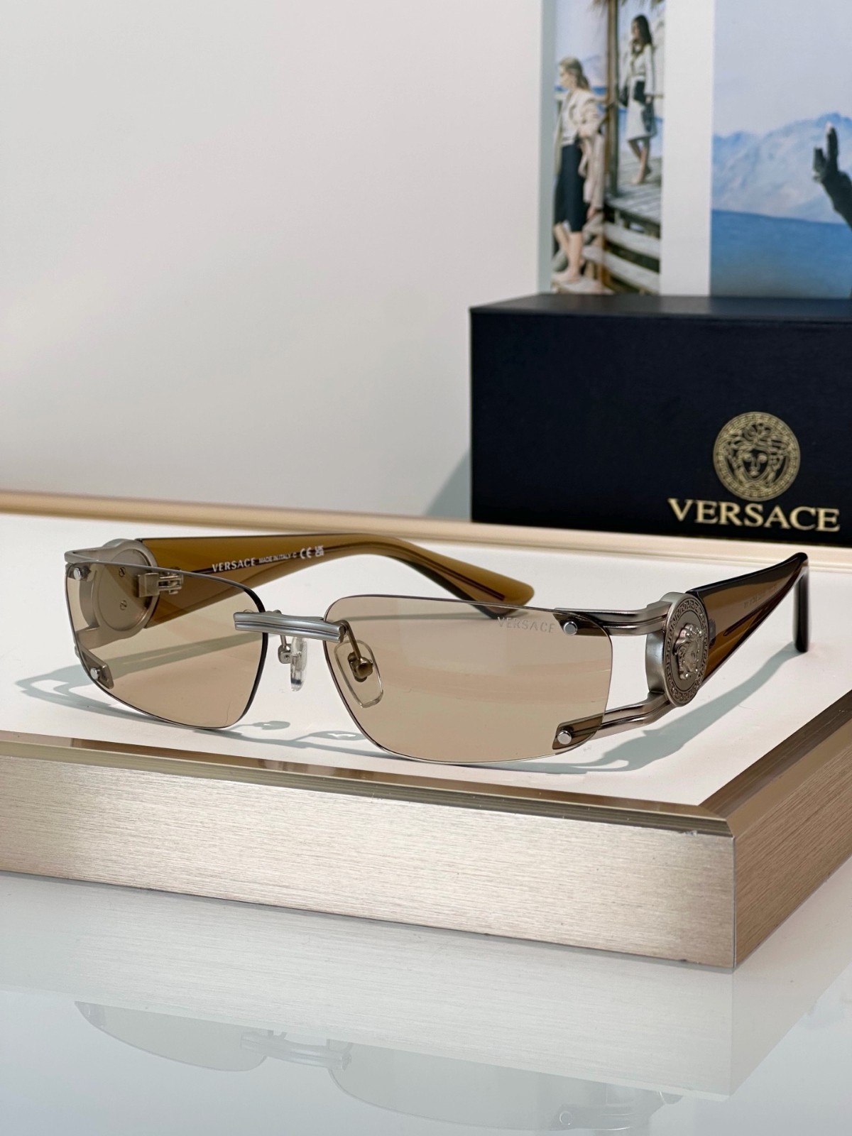 Versace VE2291 Rimless Sunglasses Silver Metal Frame Brown Lens