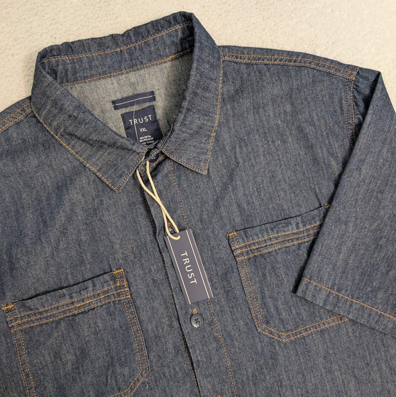 NEW Trust Shirt Mens 2XL Dark Denim Short Sleeve Button Up POLY blend