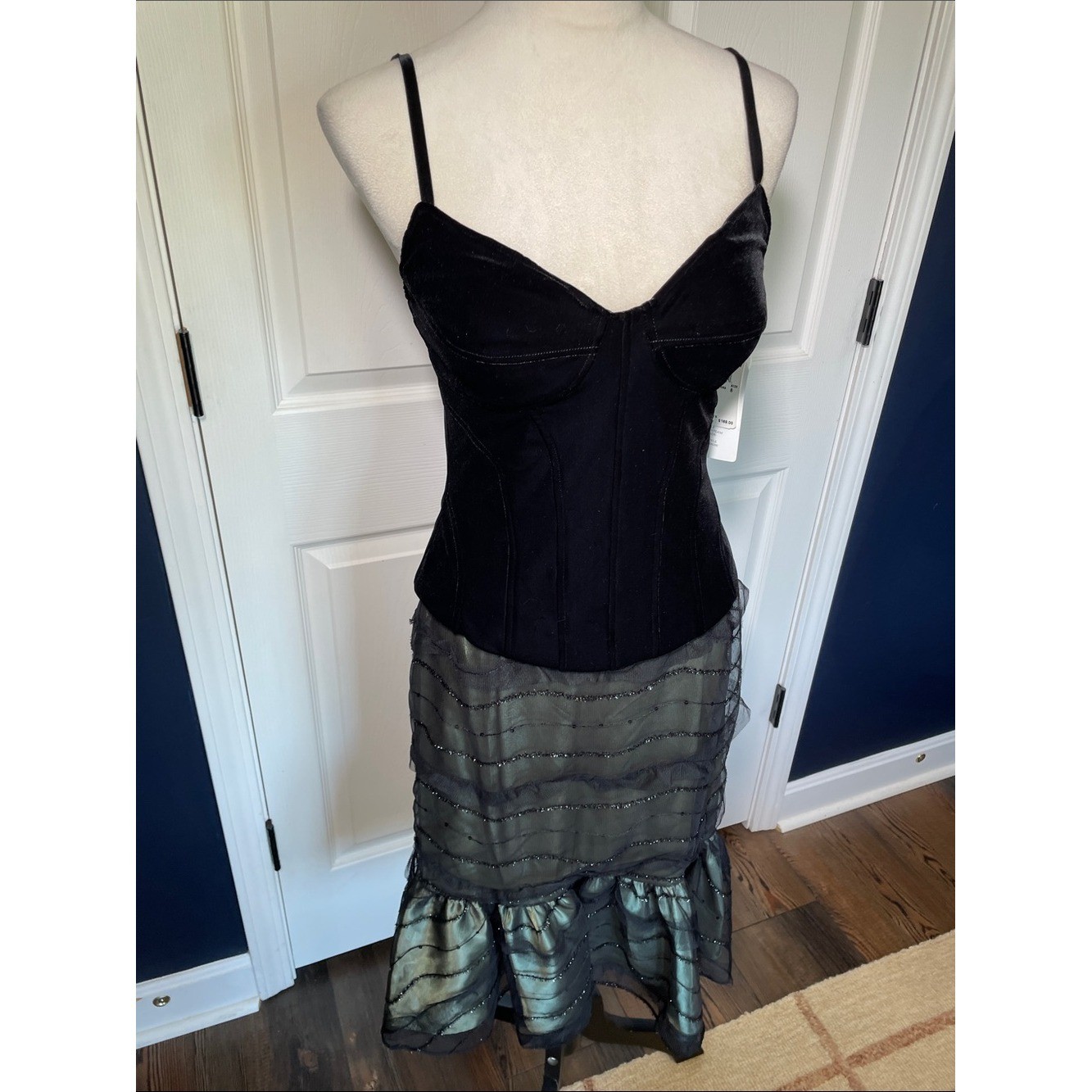 NWT Papell Boutique Black Velvet Bustier Iridescent Green Ruffled Skirt Size 8