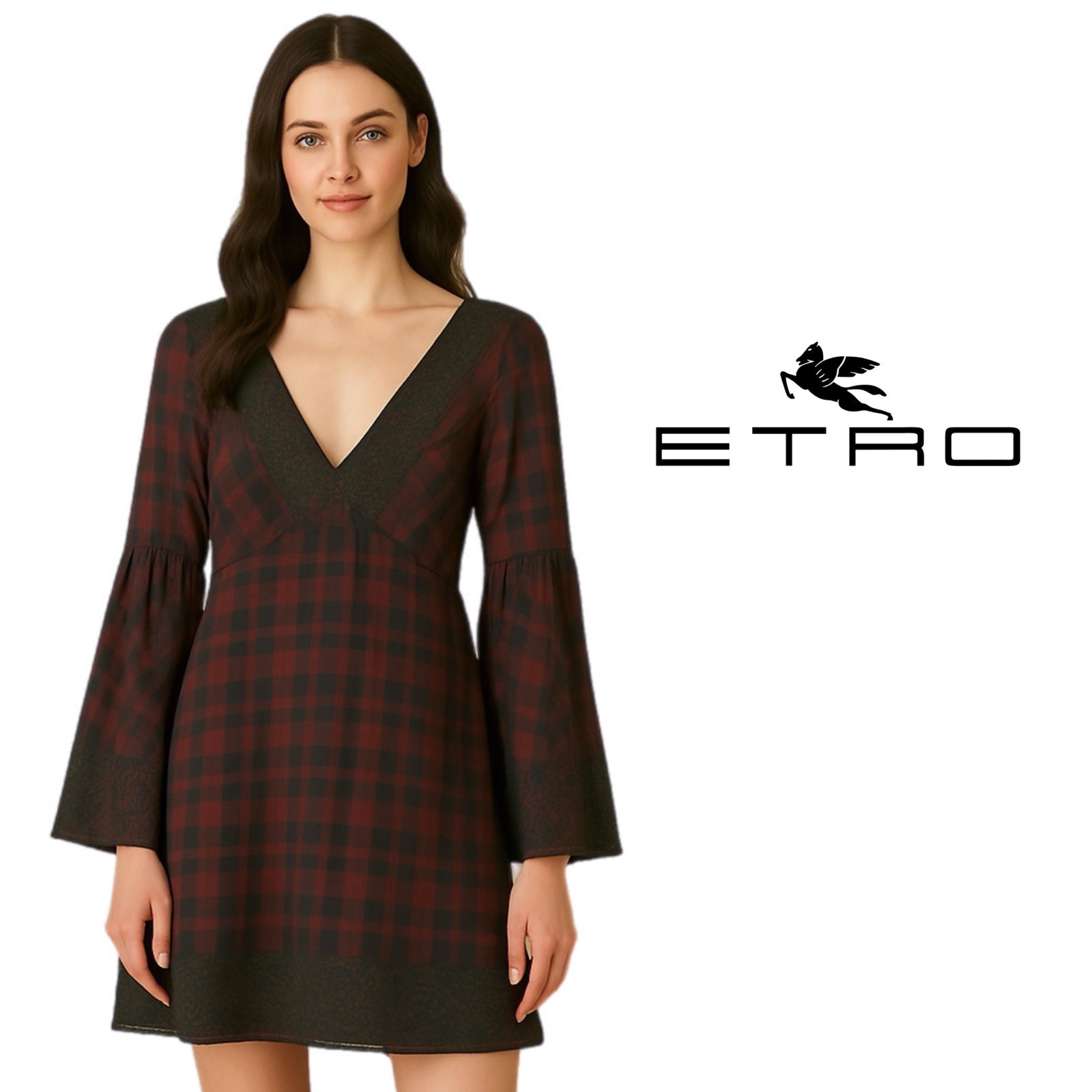 Etro Burgundy and Black Checkered V-Neck Dress Size 40 US 4