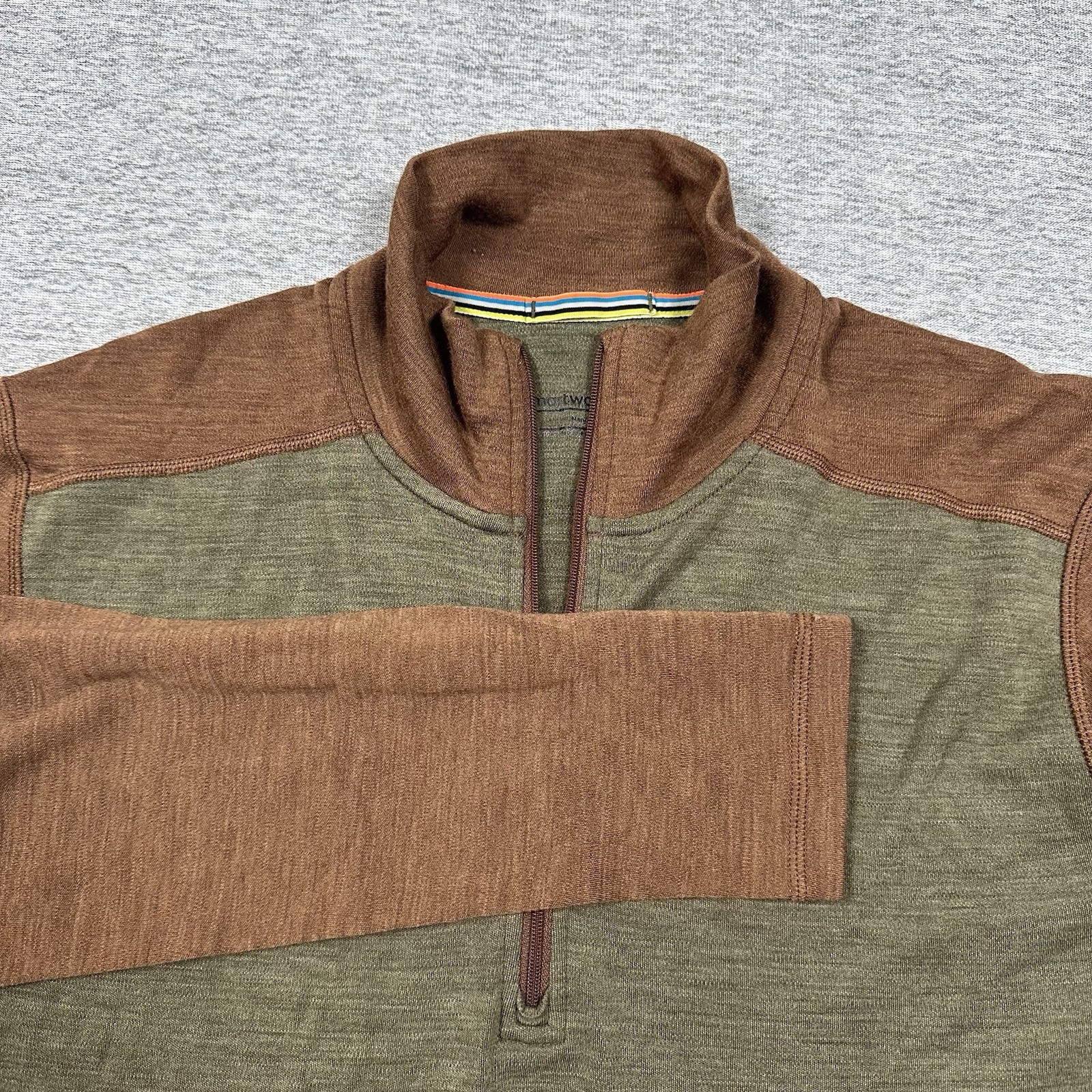 Smartwool Pullover Mens Medium Green Brown 100% Merino Wool 1/4 Zip Outdoor