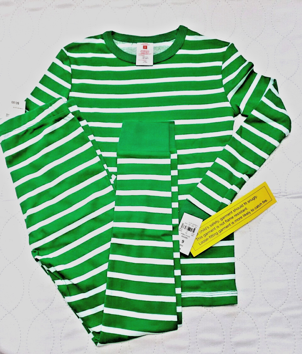 Unisex Kids Size 6 Pajama Set Long Sleeve Shirt & Pants Striped Green White NWT