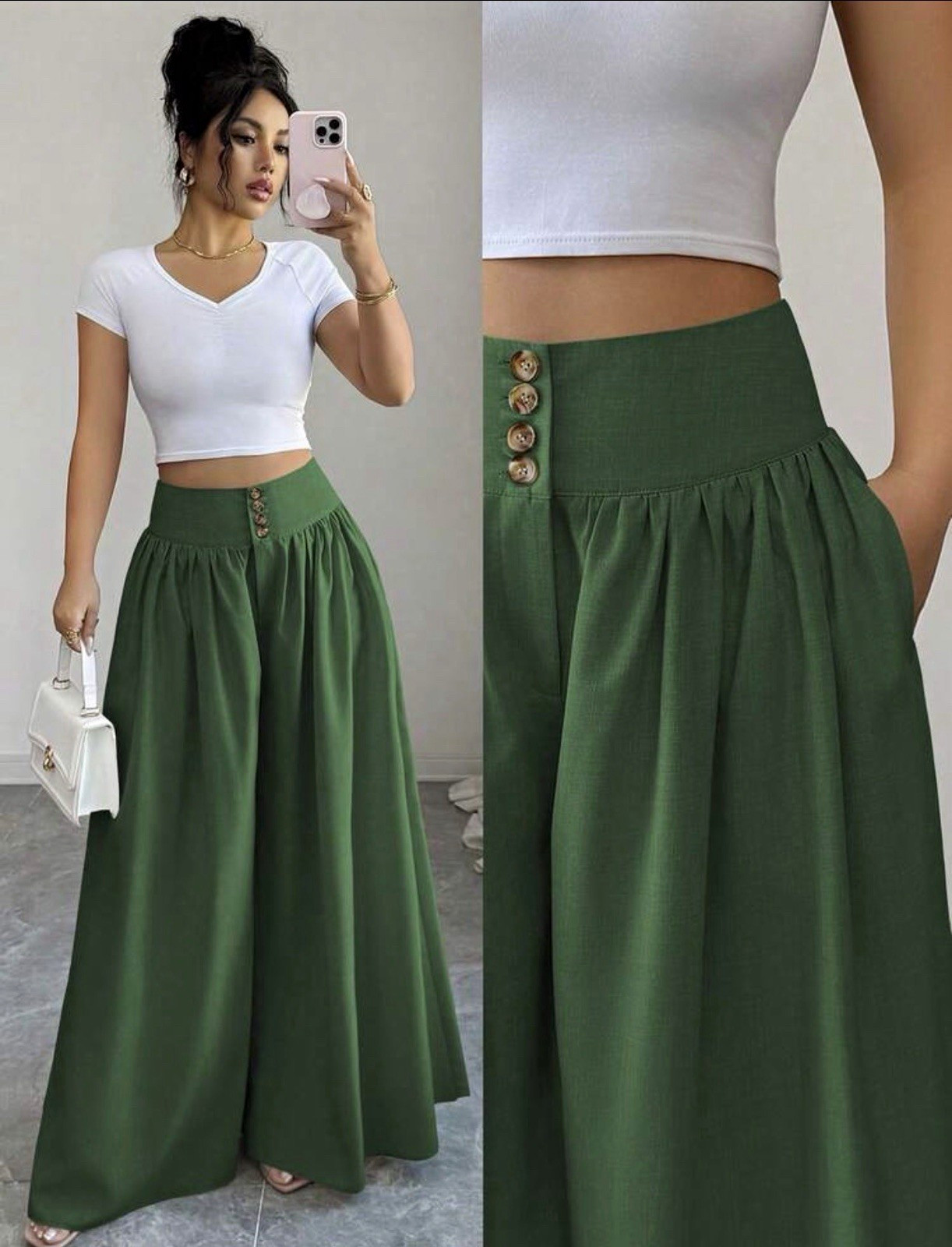 Women’s Green Solid Wide-Leg Palazzo Pants High Rise Button Front Pockets