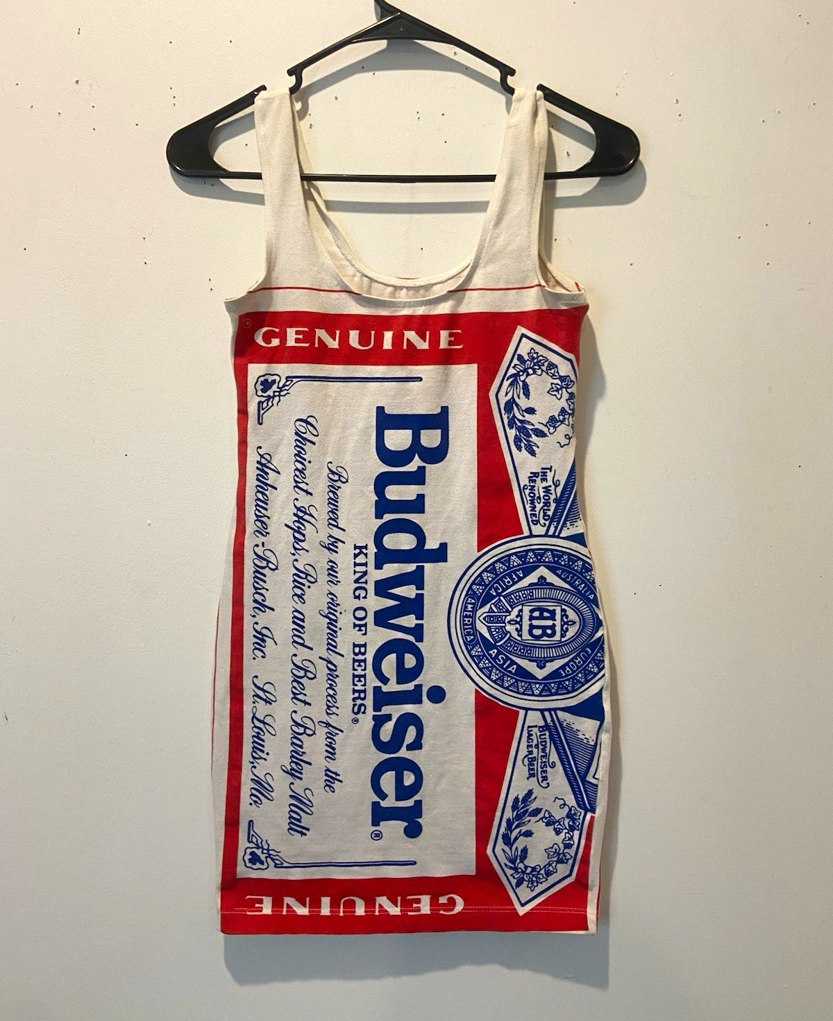 Vintage 80s Budweiser Dress Genuine Promo Bodycon Red White Blue