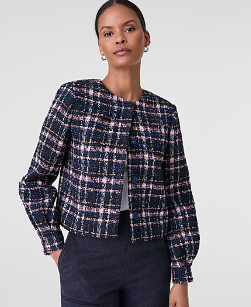 NWT ANN TAYLOR NAVY BLUE PINK WHITE PLAID BOUCLE JACKET SZ 6P 6 PETITE