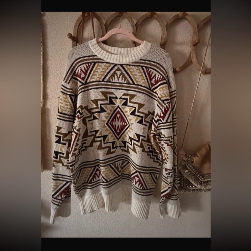 Vintage 70s O\'Hanlon Mills Cream Geometric Pattern Sweater size large
