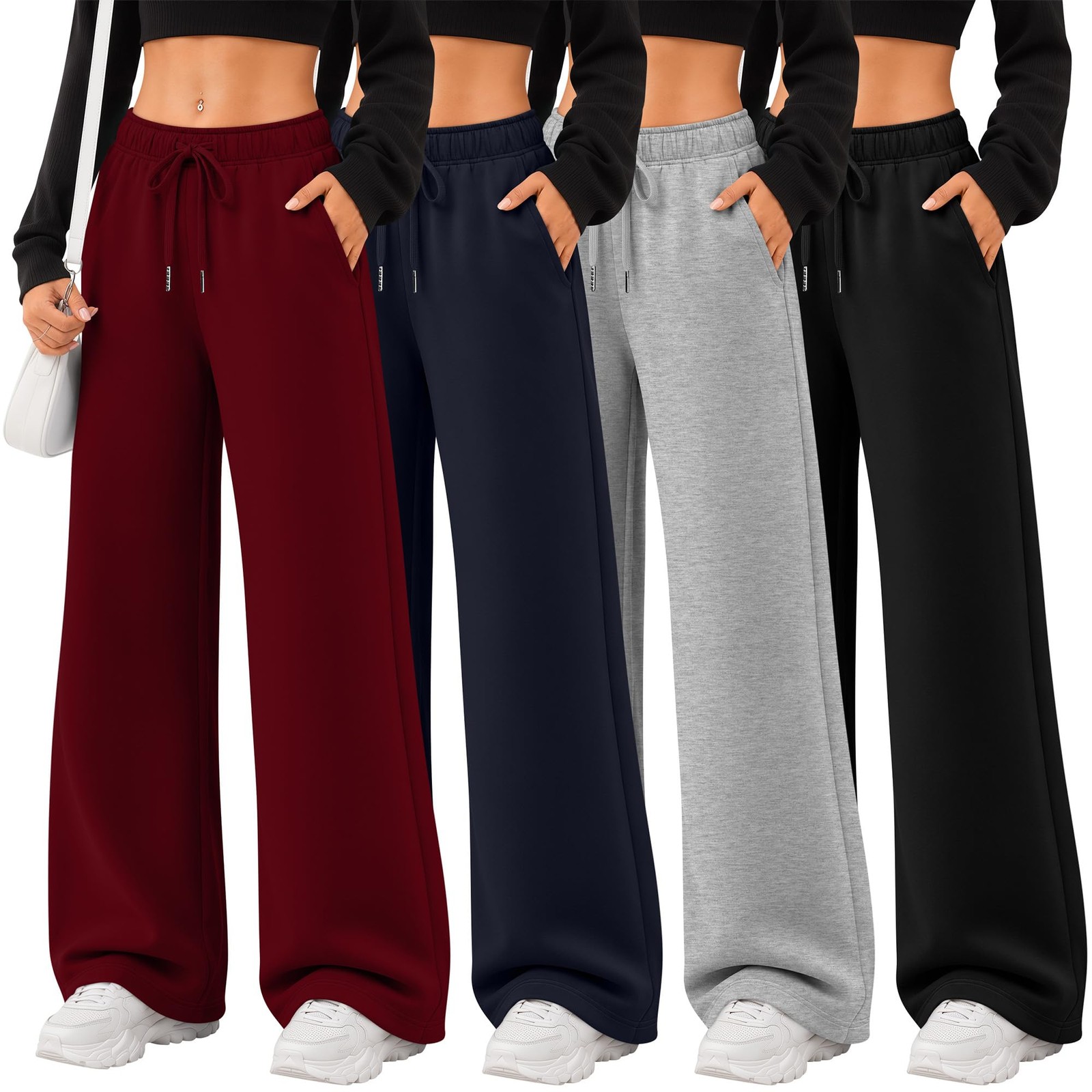 Velvelhall Women\'s Red Navy Blue Light Gray 4 Pack Wide Leg Sweatpants M