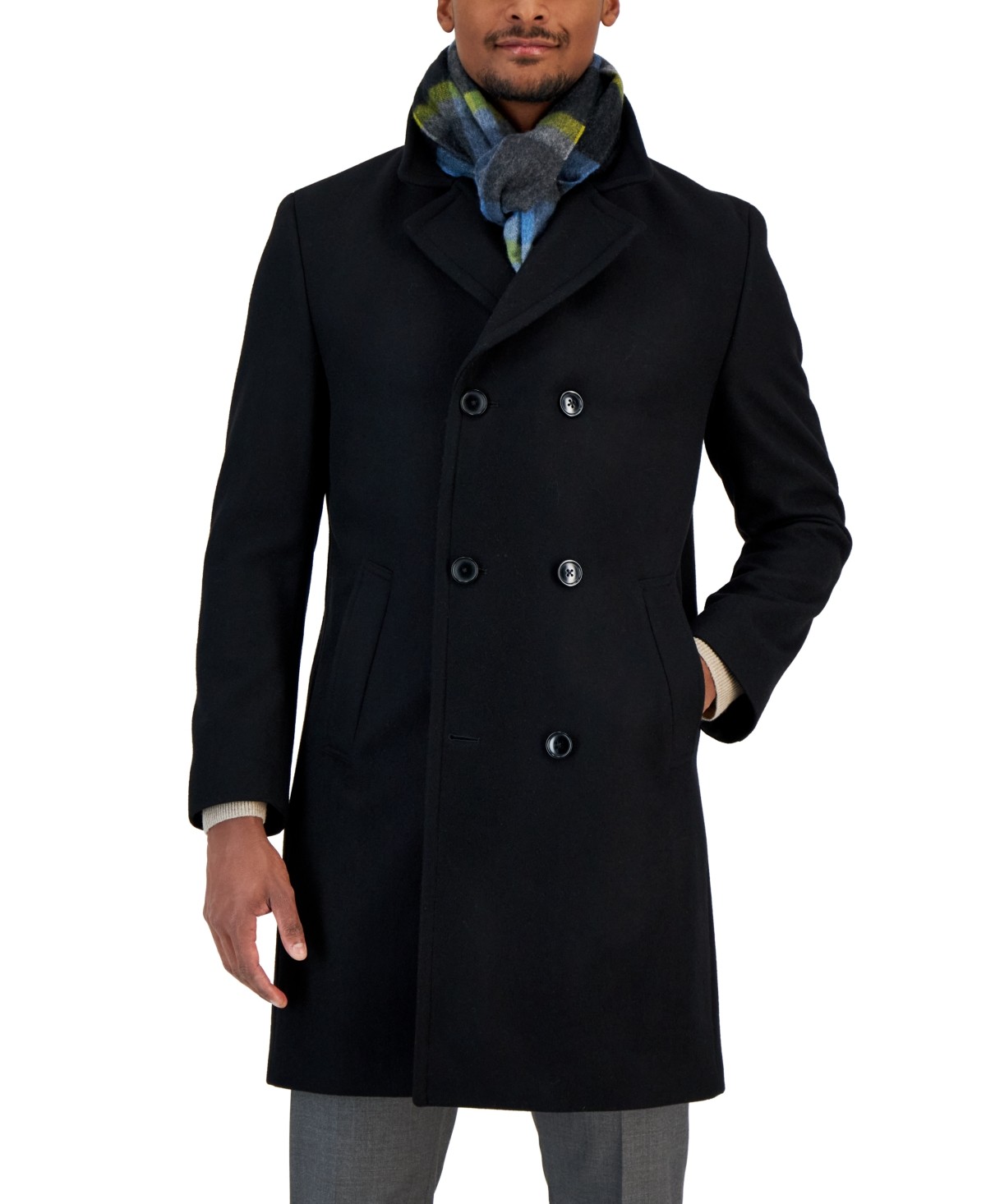 Nautica Menss Classic fit Double Breasted Wool Overcoat Coat 48 R Black Solid