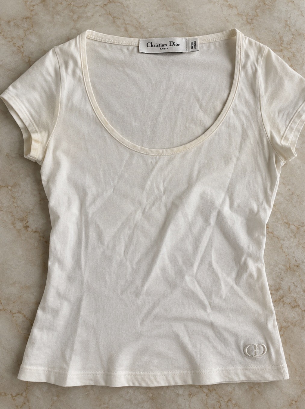 Christian Dior 2008 White Cotton Scoop Neck T-Shirt Embroidered CD US 2 Vintage