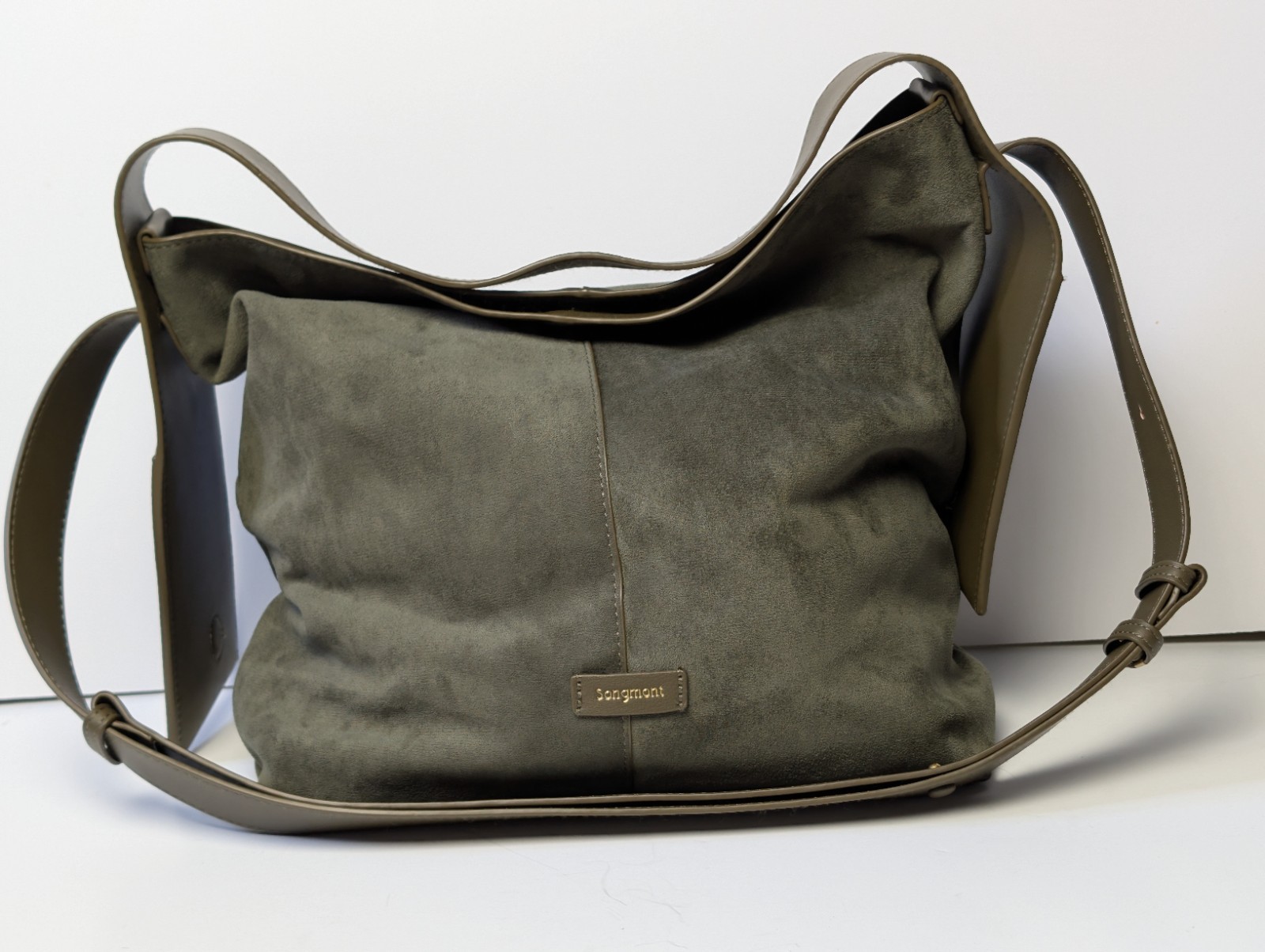 Songmont Reset Medium Hobo Bag Olive Green Suede Leather Shoulder Bag Pocket