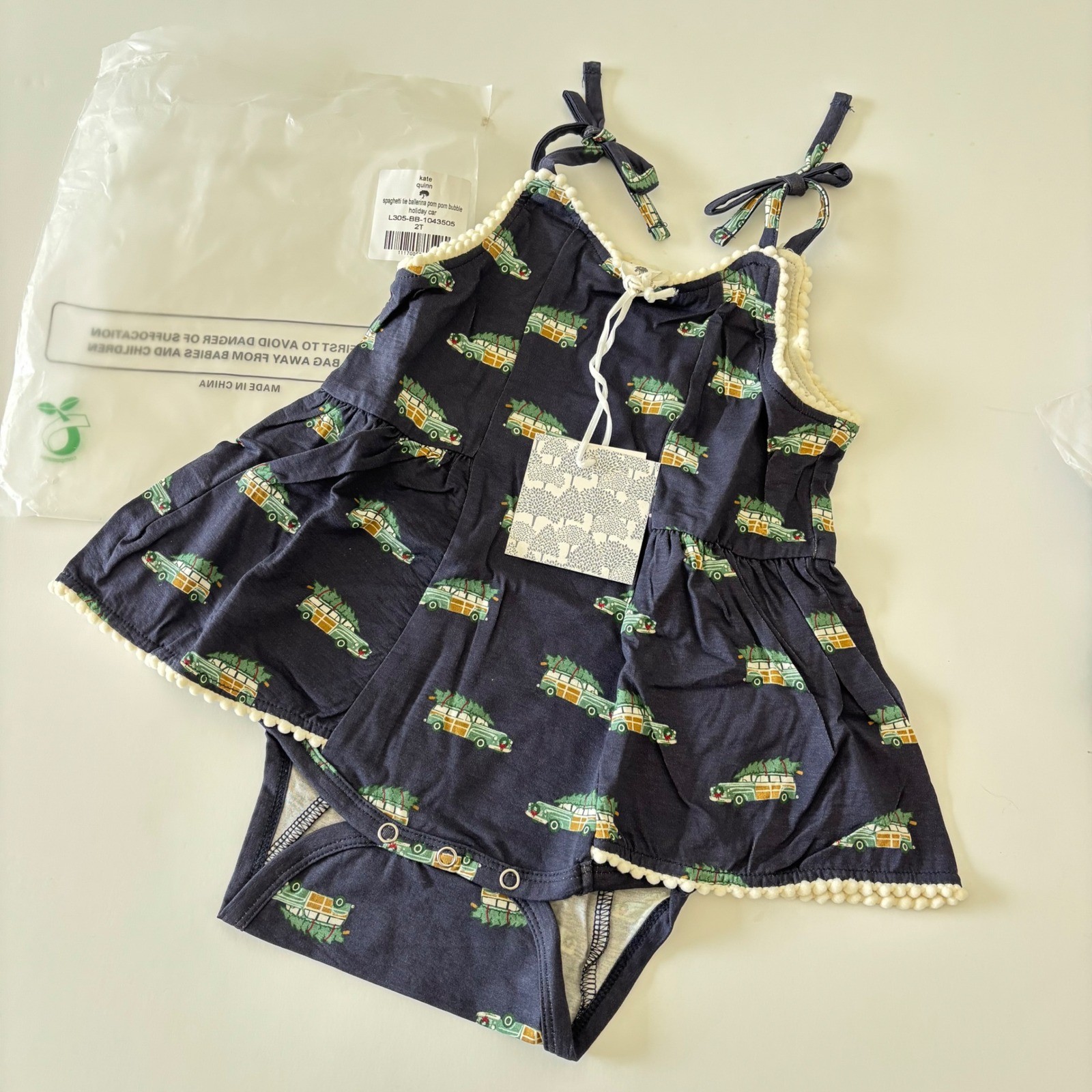Kate Quinn Bubble Holiday Christmas Tree Car Pom Pom Toddler 2T Navy NEW