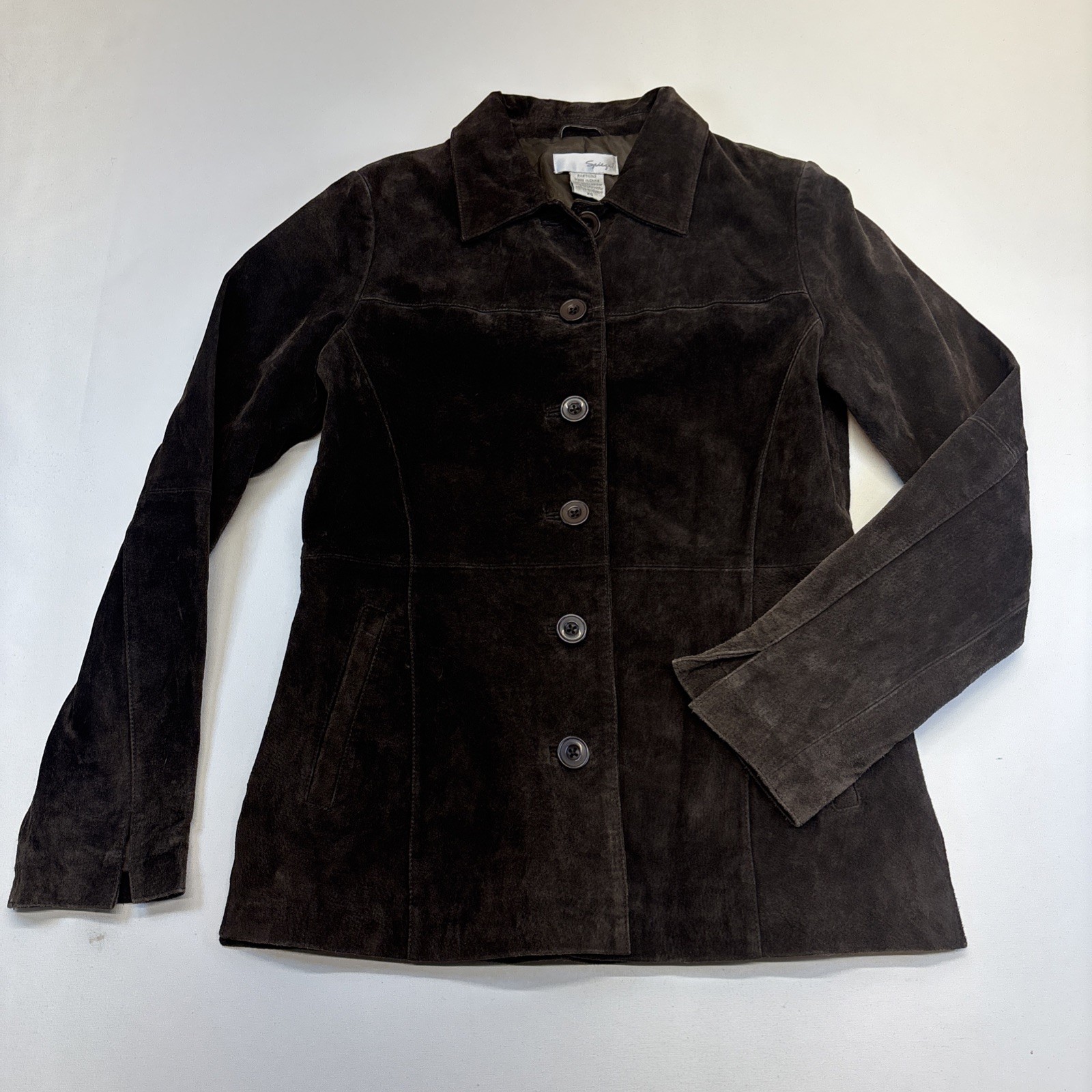 Vtg 100% Leather Suede Brown Spiegel Size XS Tailored Jacket Very Flattering