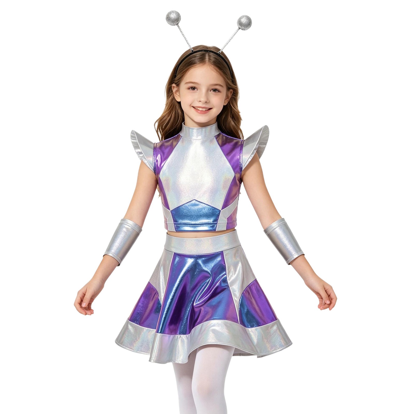 Girls Alien Costume Dress Outerspace Robot Outfits with Hair Hoop for Halloween