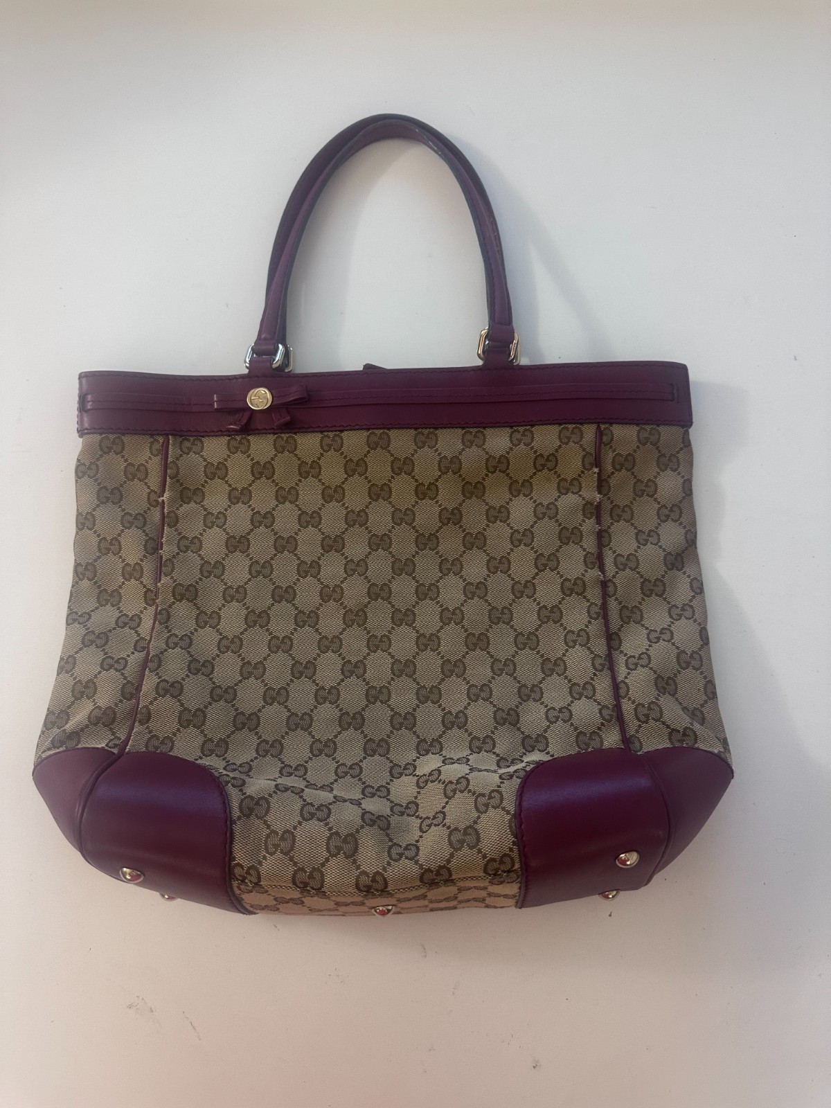 100% Authentic Gucci Mayfair GG Canvas Tote Bag Beige canvas Purple leather