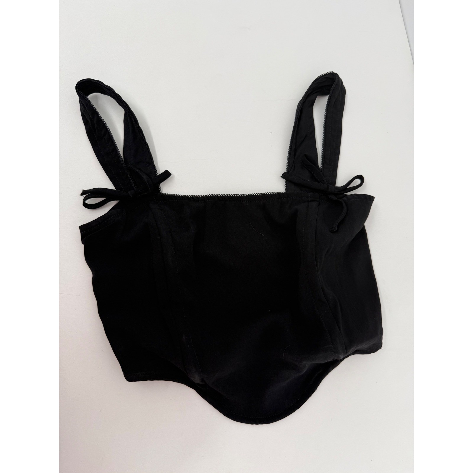 Japna Womens Black Corset Crop Top Bow Straps Smocked Back Sz XS