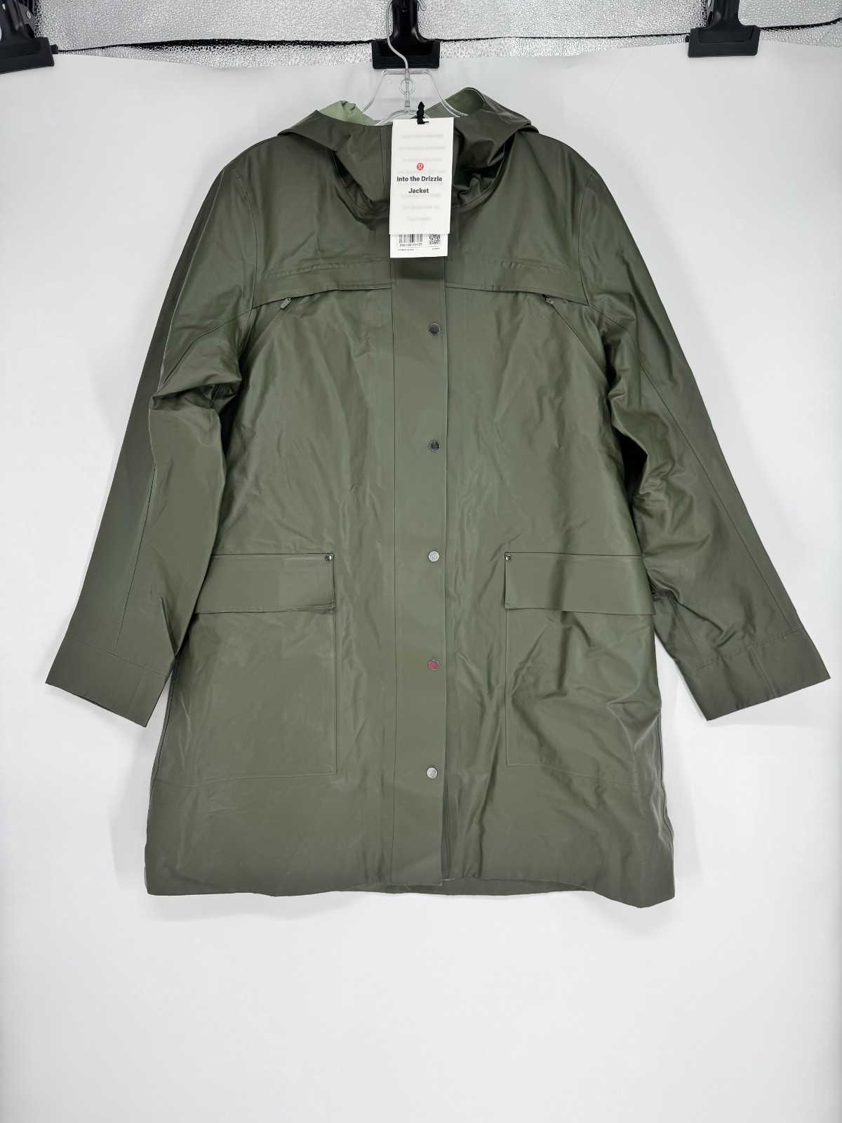 Lululemon Into The Drizzle Jacket Long Rain Coat Womens 10 Waterproof Hooded