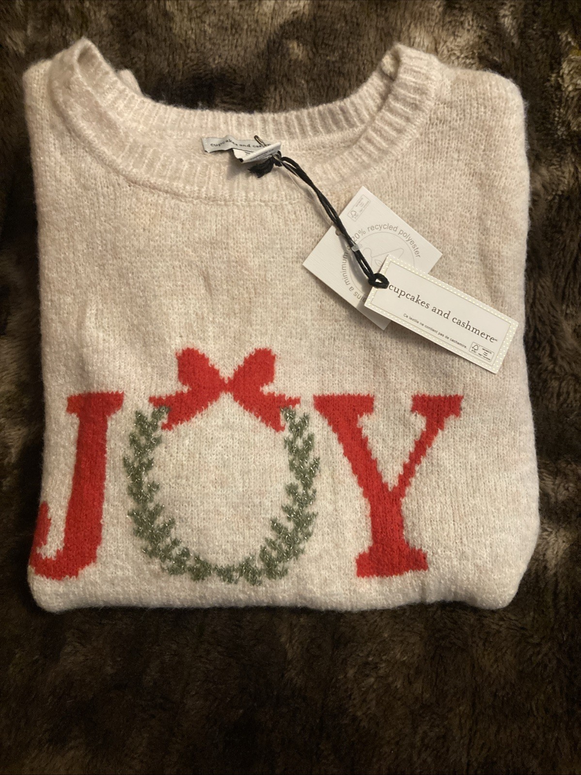 Cupcakes and Cashmere Christmas Sweater Oatmeal Tan Sz Medium  NWT