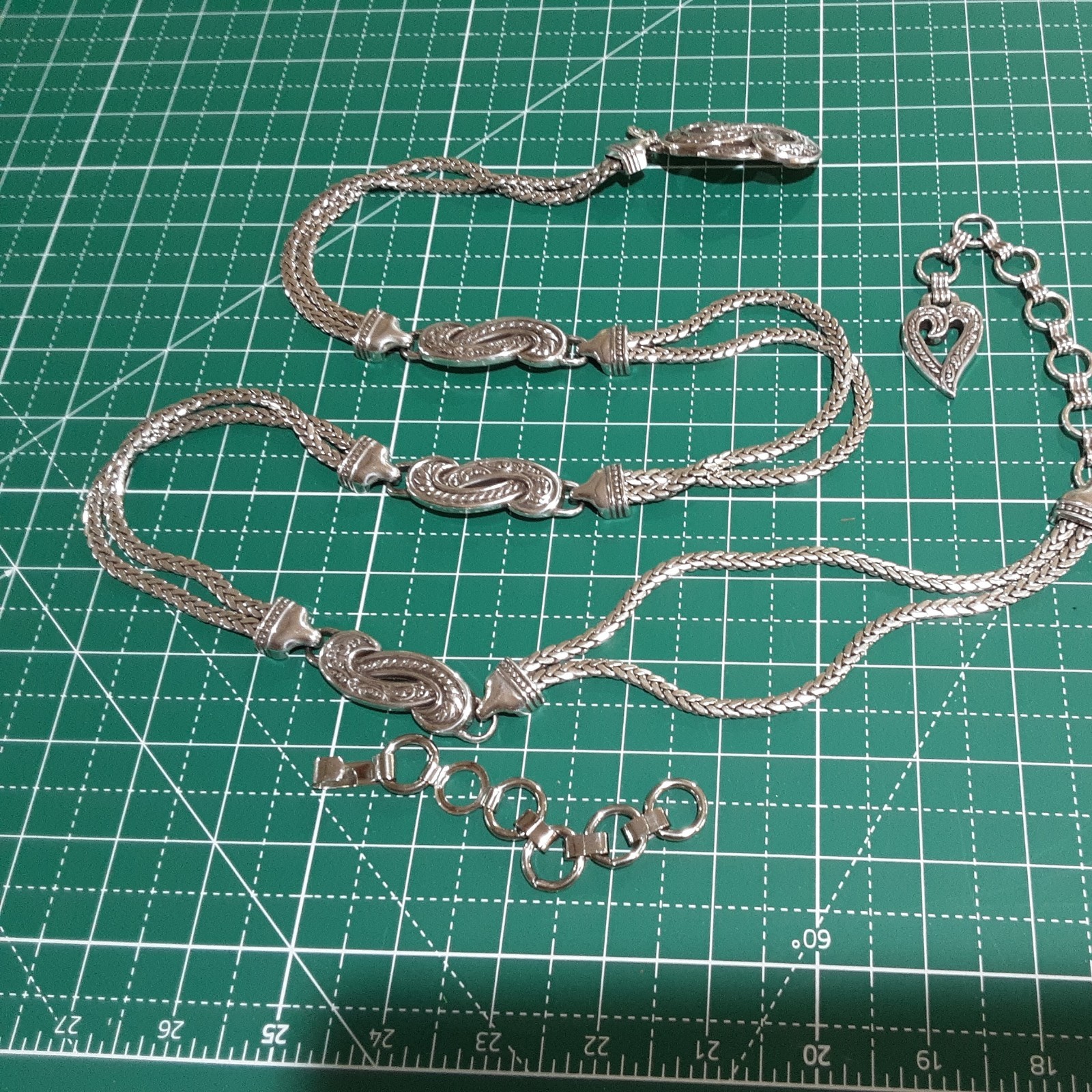 Vintage Brighton Bali Hai Silver Chain Belt Scroll Heart Charm Double Wheat