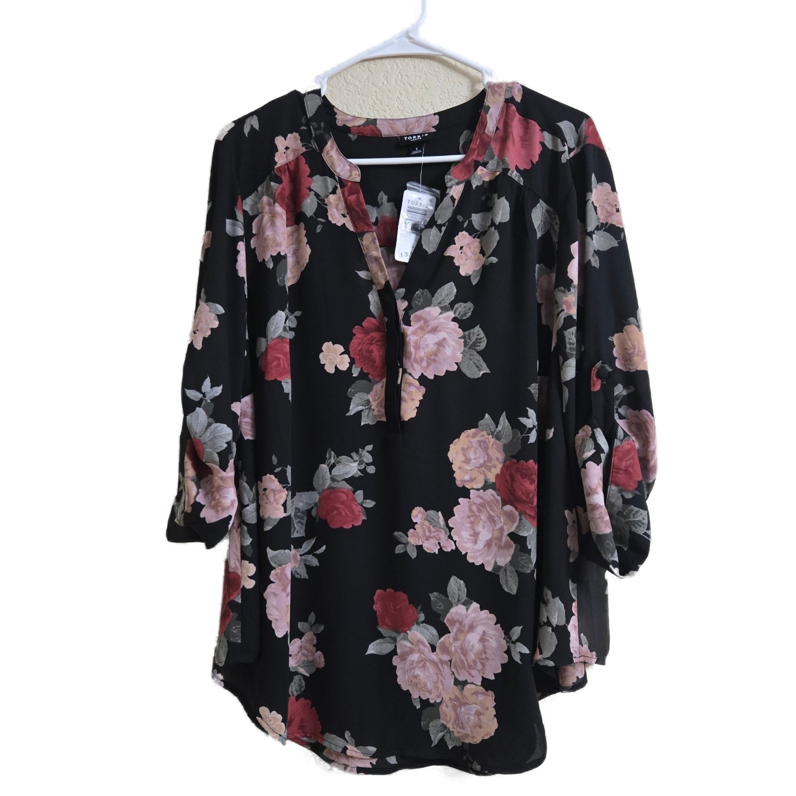 Torrid Harper 1 1X Bryce Floral Black Georgette Blouse 3/4 Roll Tab Sleeve NWT
