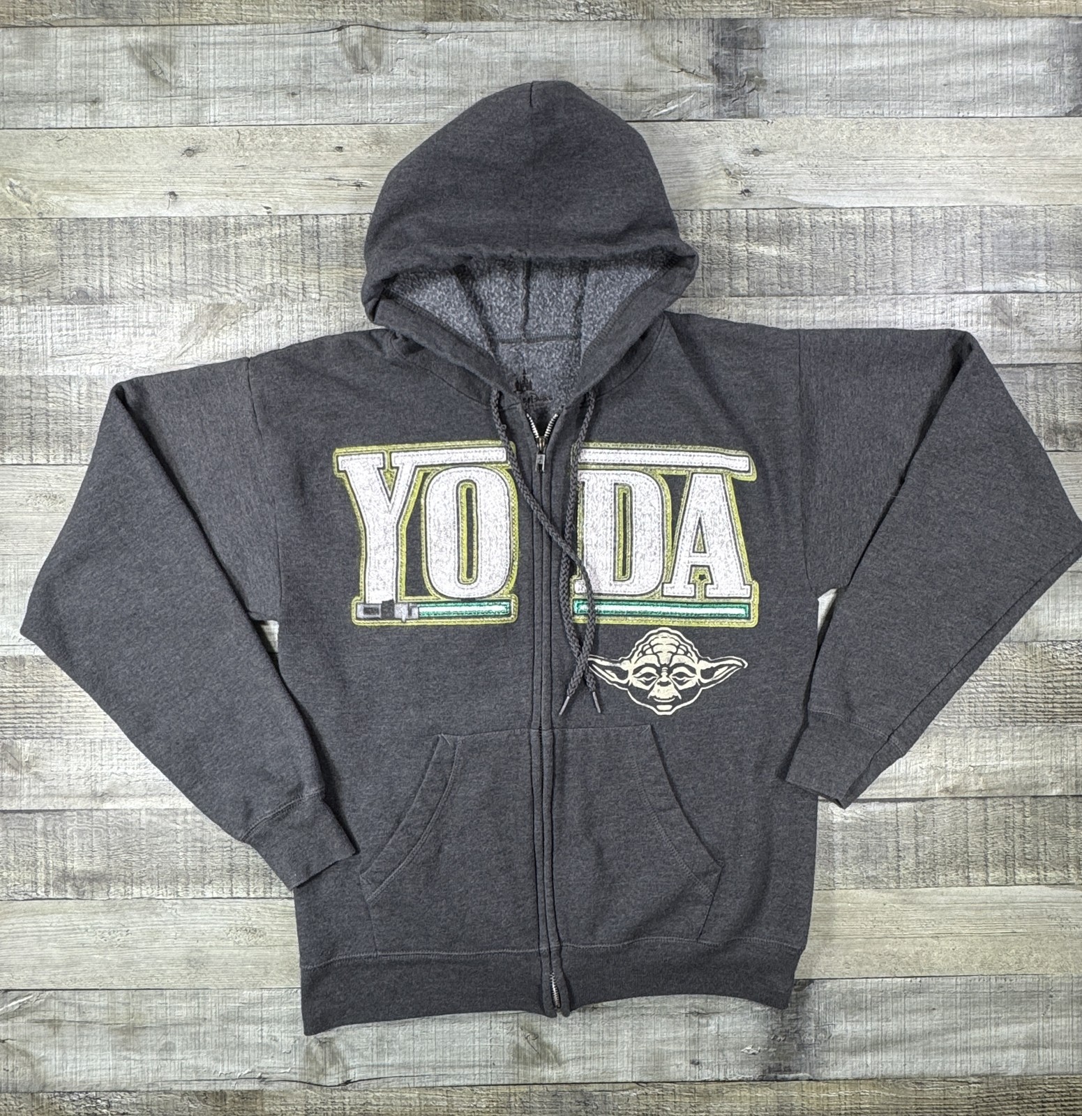 Disney Star Wars Hoodie Mens Small Gray Yoda Full Zip Fleece Sweatshirt Hanes