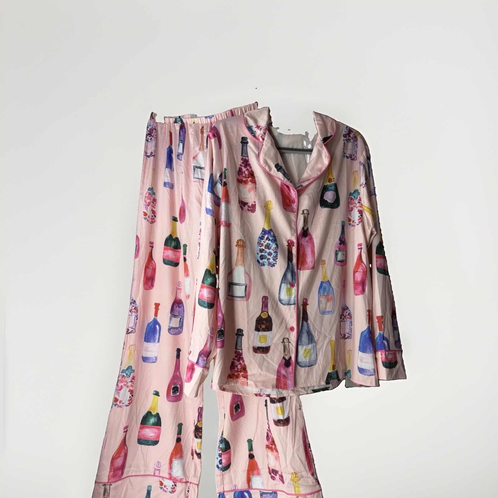 SHESHOW Champagne Bottle Print Satin Pajama Set Women\'s Medium