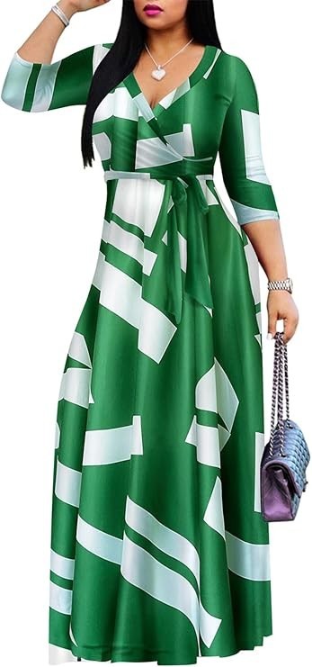 Women\'s Floral Maxi Dress Summer Casual V-Neck 3/4 Sleeve Long Bohemian Print Ev