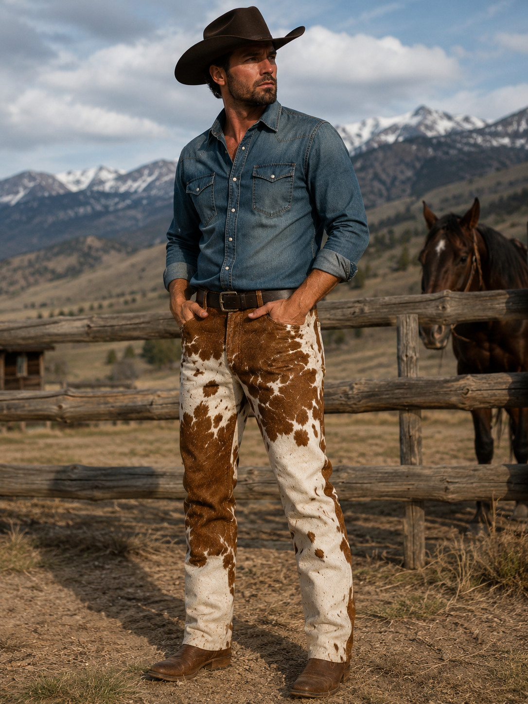 Men's Genuine Hair-On Cowhide Leather Cowboy Pants  Western Ranch Rodeo Trousers