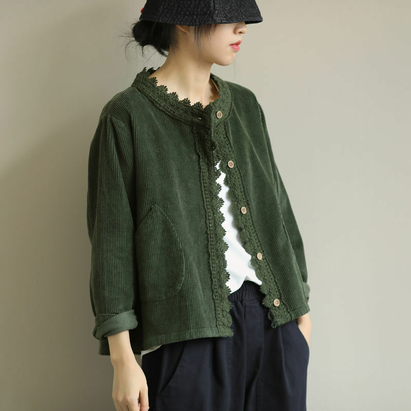 Lady Corduroy Coat Shirt Jacket Blouse Top Lace Button Loose Casual Retro Soft