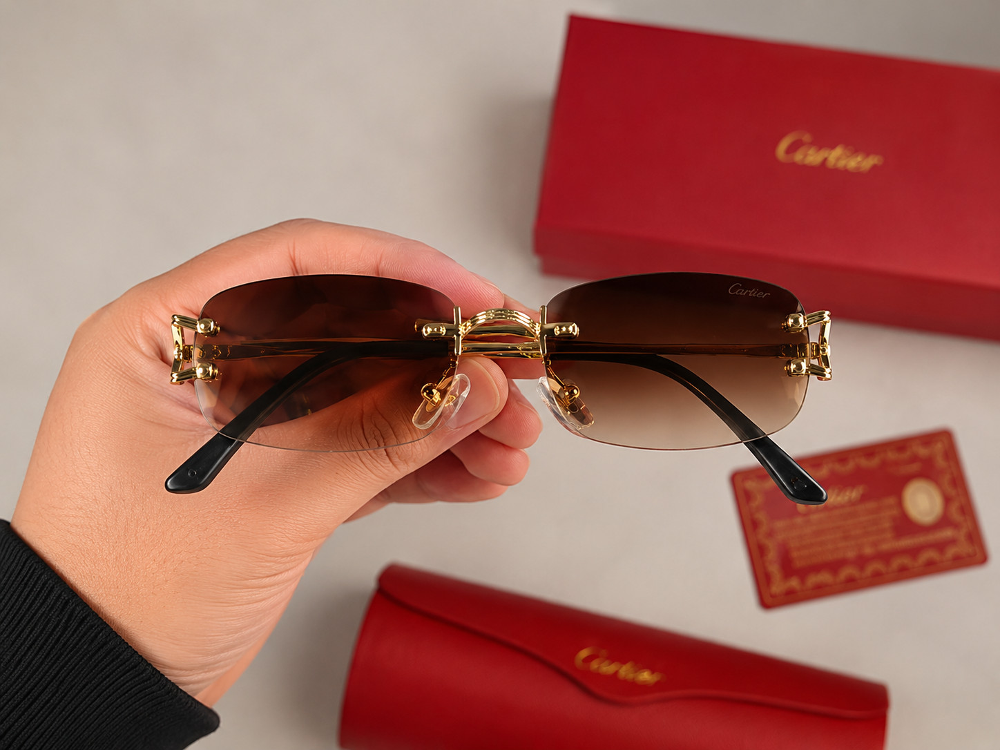 Cartier Big C Rimless Sunglasses Gold Frame Brown Gradient Lens Luxury Eyewear