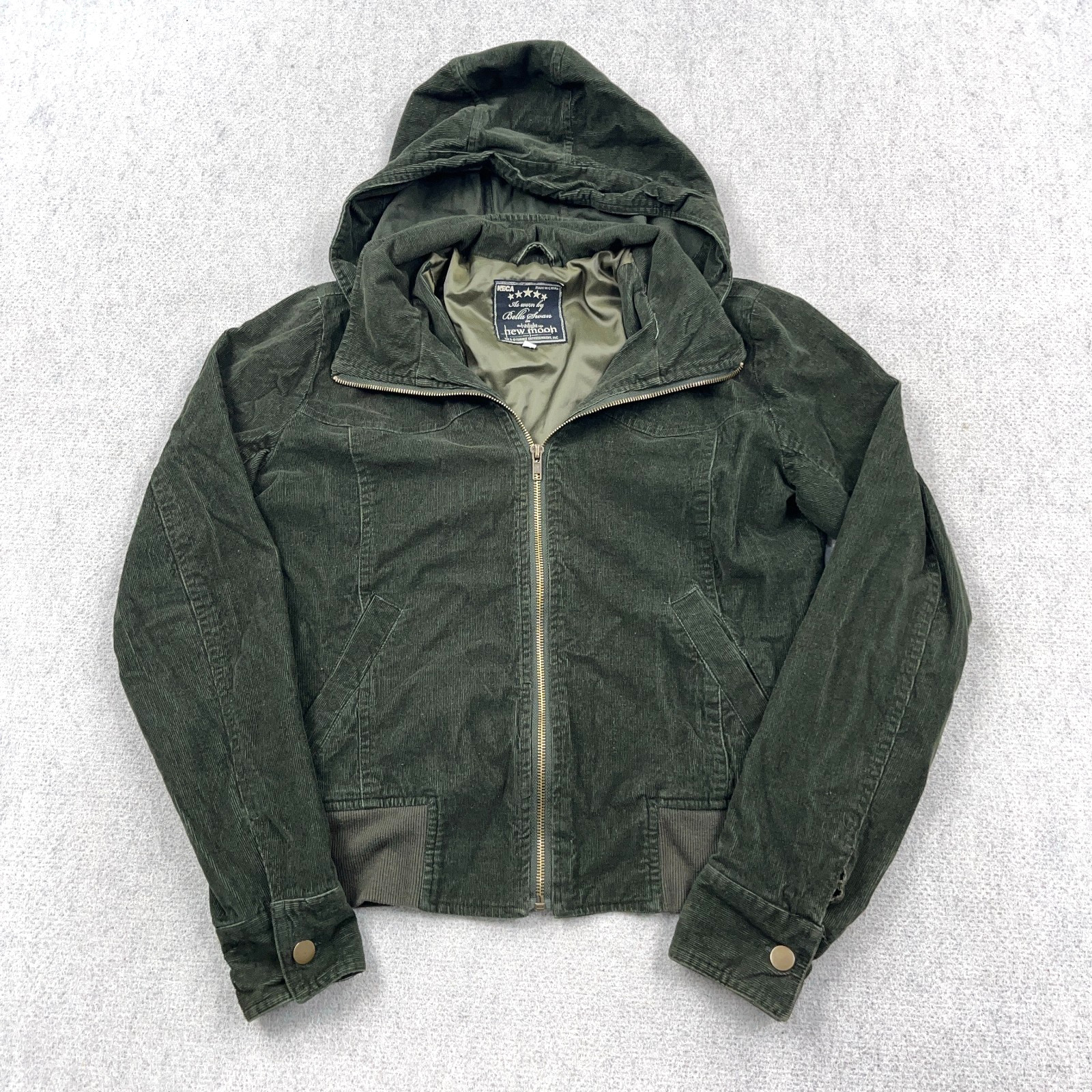 Twilight New Moon Bella Swan Corduroy Bomber Jacket Size Large Green NECA  Y2K