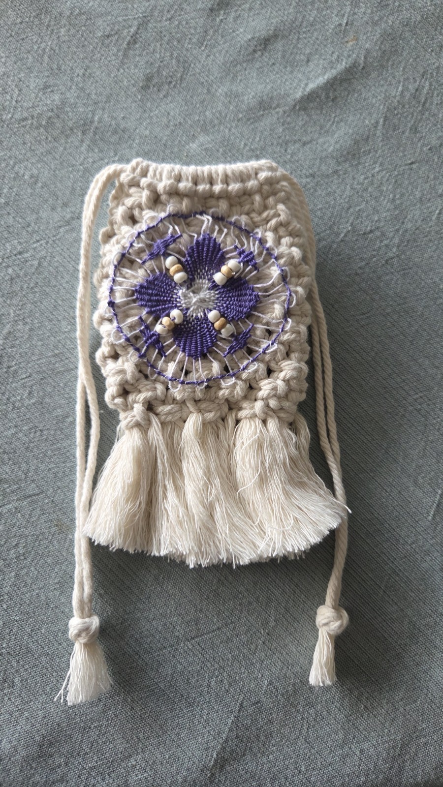 Handmade macrame Drawstring Pouch Bag, Beaded Fringe and ñanduti design