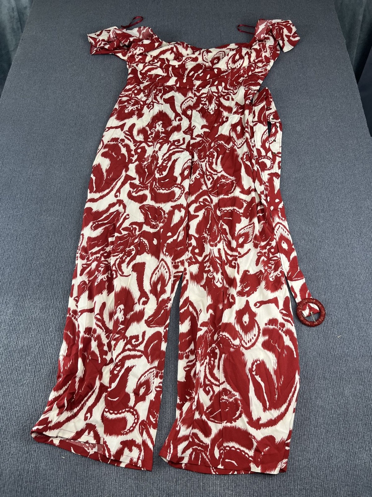 Fashion Nova NWT Off-Shoulder Maxi Jumpsuit Belt Red & White Abstract Print 1X