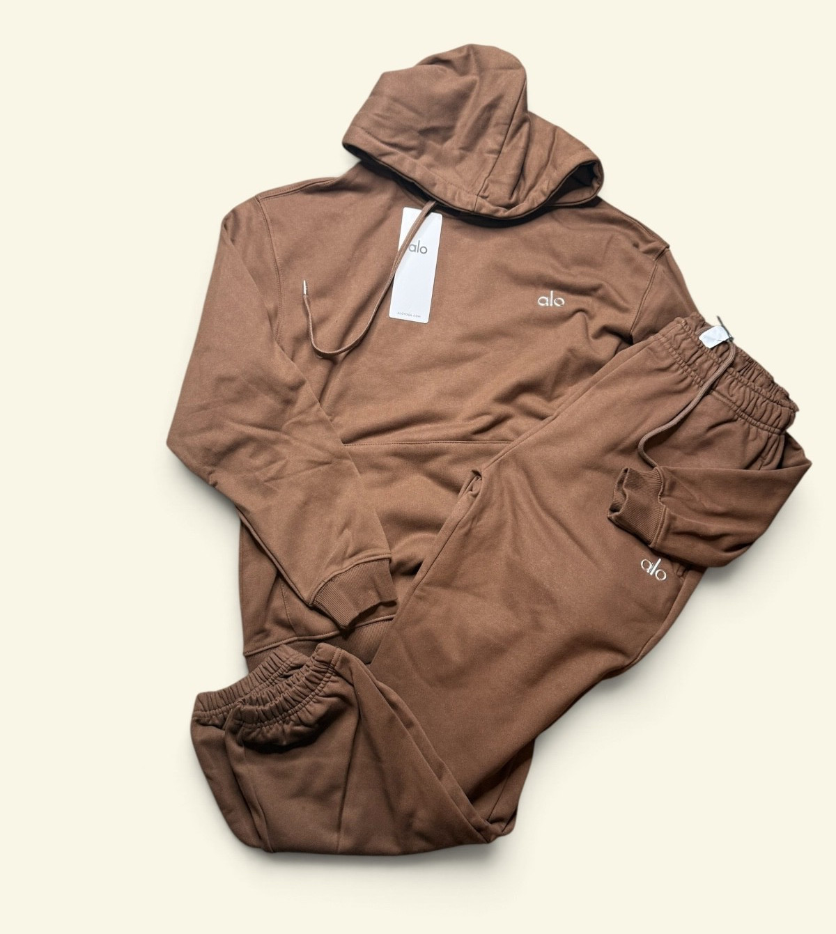 Alo Unisex Brown Fleece Sweatsuit Set Medium 2pc Hoodie