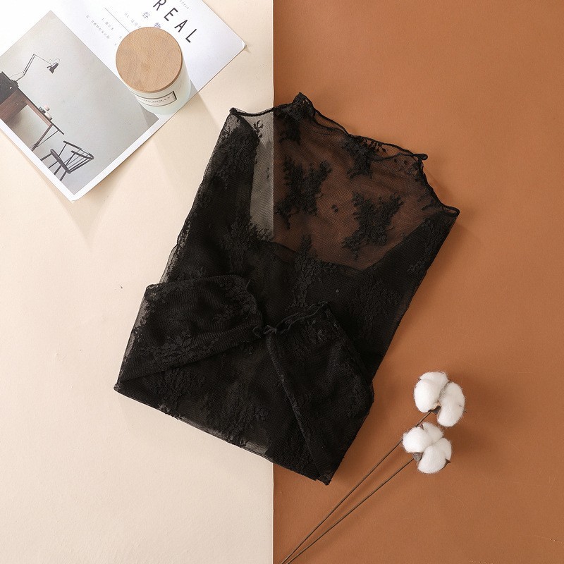 Women Sheer Mesh Lace Crop Top – Long Sleeve Transparent Tee