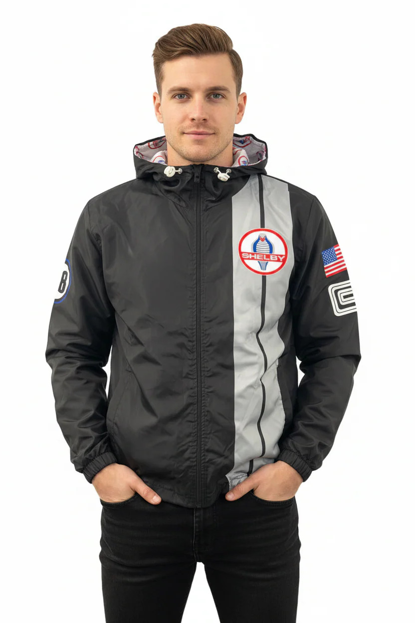 Shelby Cobra Officially Licensed Black Two Stripe Waterproof Windbreaker