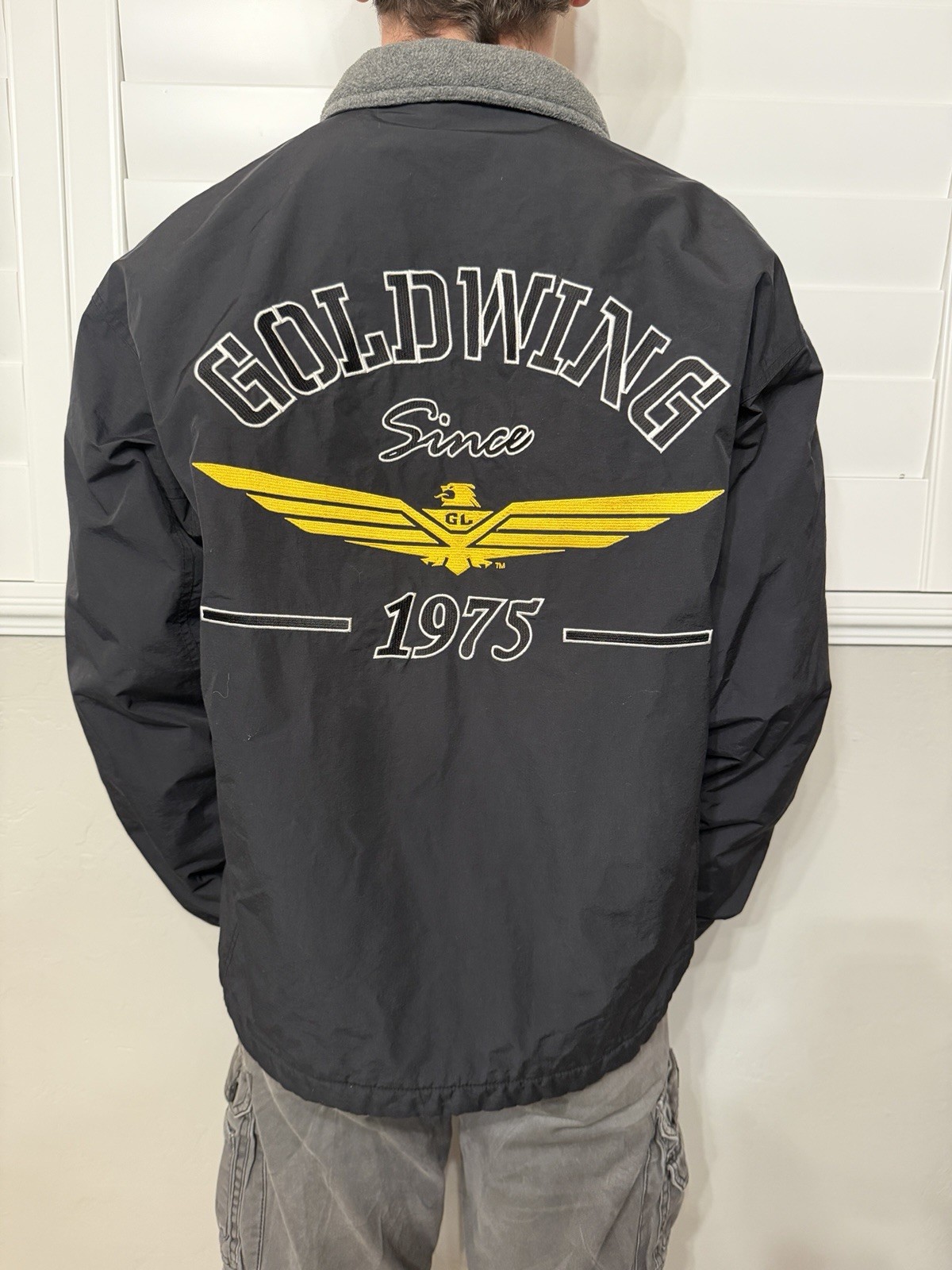 Vintage Honda Goldwing Fleece Lined Jacket Mens L Black Windbreaker Bomber 1975