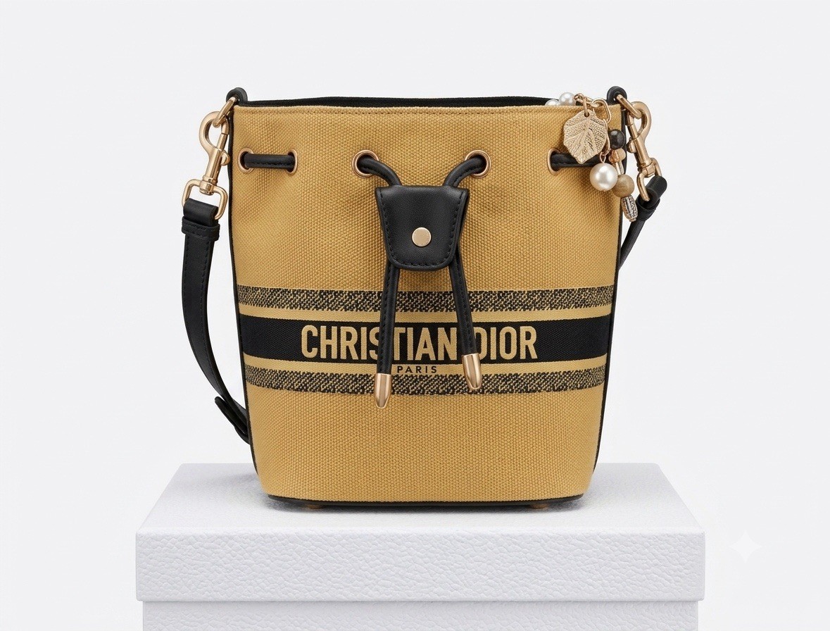 Christian Dior Beauty Tan Canvas Mini Bucket Bag Pearl Charm VIP | NIB