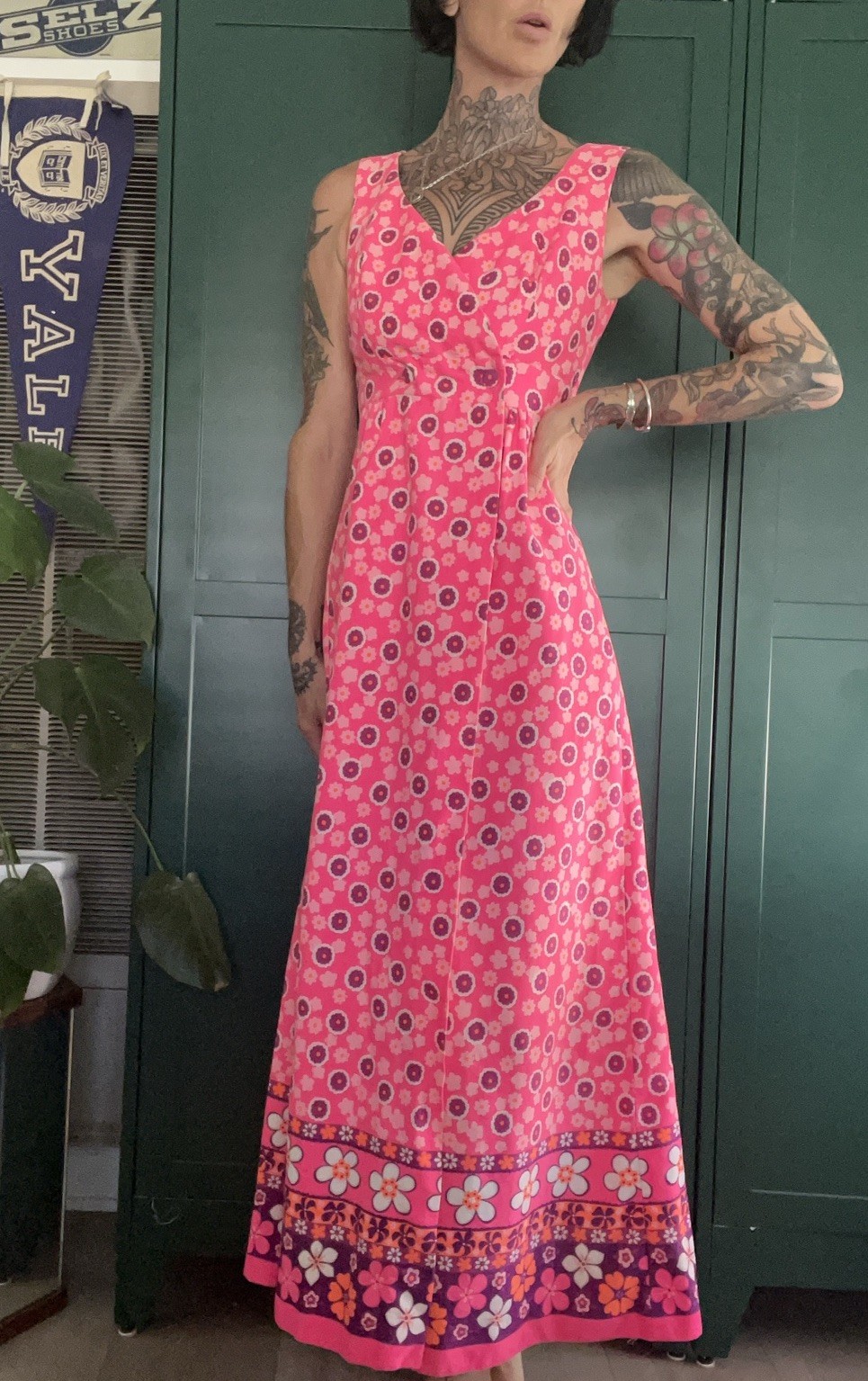 Vtg 60s HAWAII NEI Honolulu Psychedelic Pink Barkcloth Mod Maxi Dress Hawaiian S