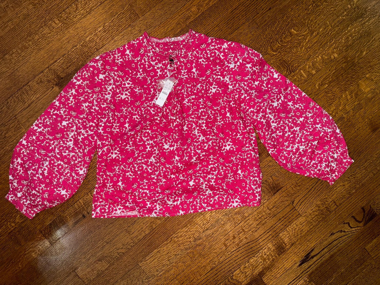 NWT J.Crew Button-Front Ruffleneck Popover Pink Floral Blouse - MEDIUM