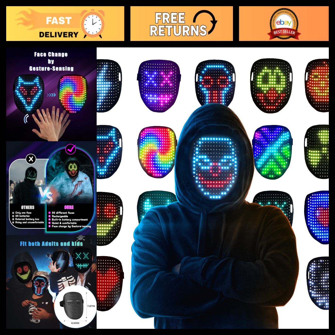 LED Light Up Mask with Gesture Sensing - Fun Kids Toy Gift for Boys & Girls