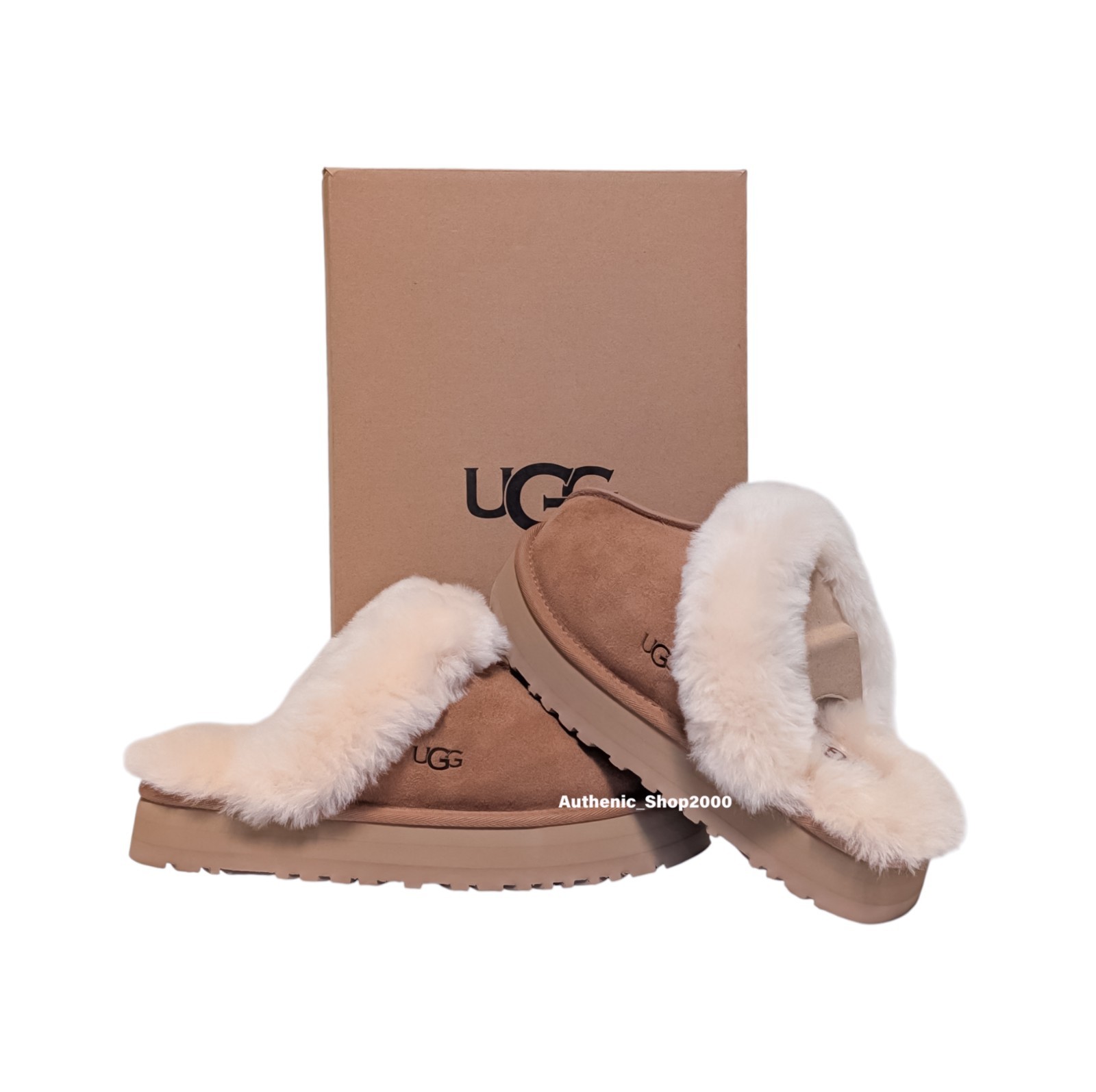 New 100% Authentic UGG Soft Disquette Platform Slippers Chestnut Women\'s Shoes