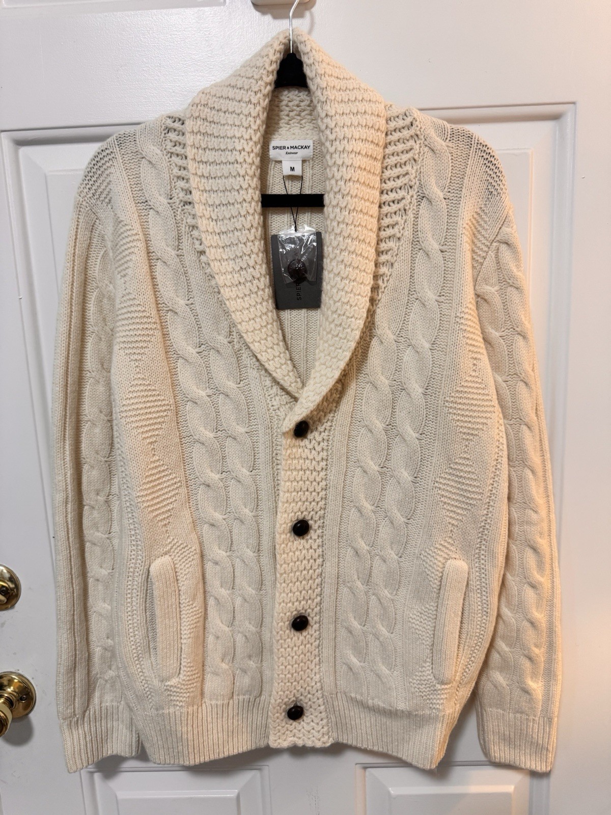 NWT Spier & Mackay Cream Chunky Cable Knit Cardigan Wool Size Medium Men