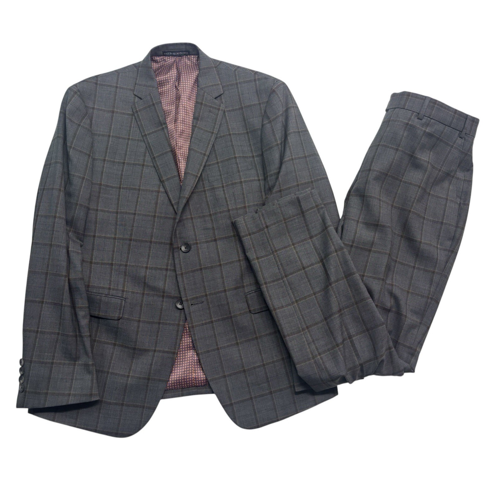NEW Penguin 42R 36x32 Gray Brown Windowpane 2pc Pant Suit Wool Blend Modern