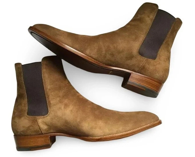 Mens Handmade Brown Suede Leather Chelsea Pull On Formal Office Dress Boots
