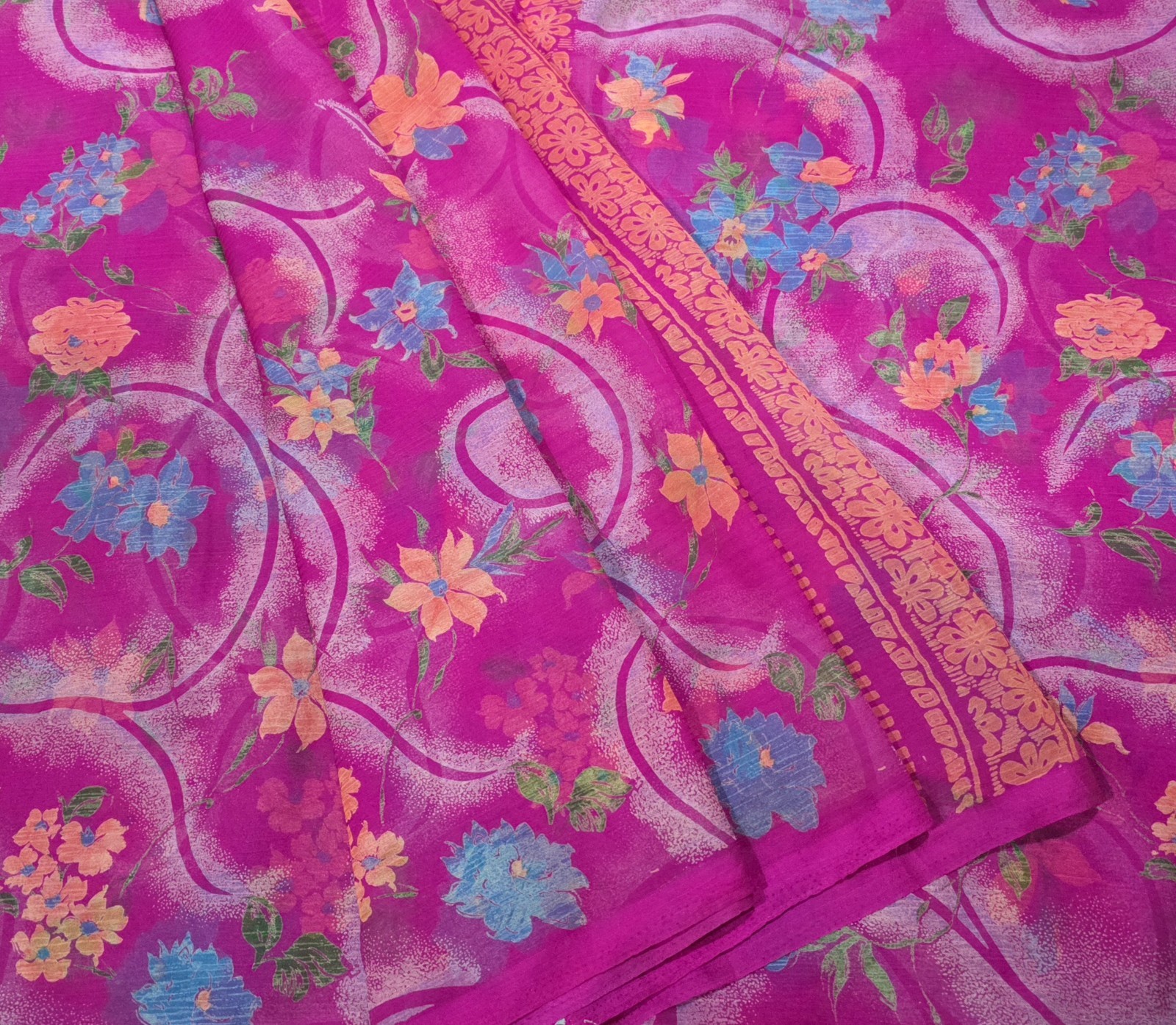 Vintage Georgette Silk Saree, 100% Pure Silk Fabric, 5 Yards Printed Sari 