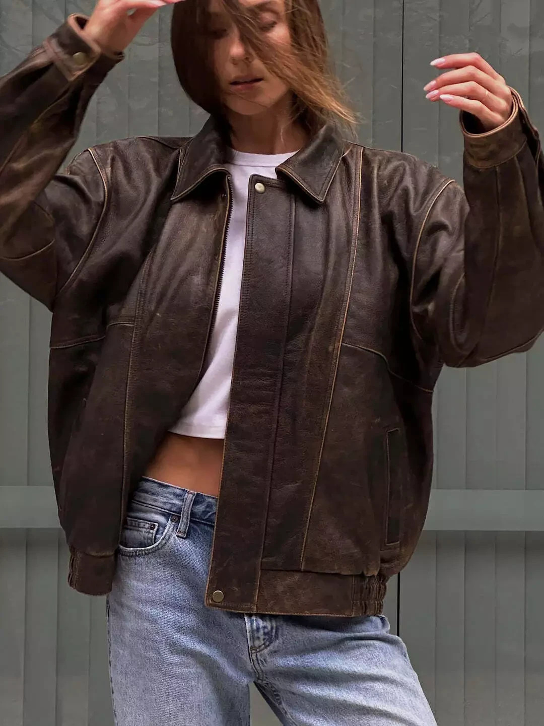Oversized Women's Distressed Vintage Brown Genuine Leather Crackled Soft Jacket