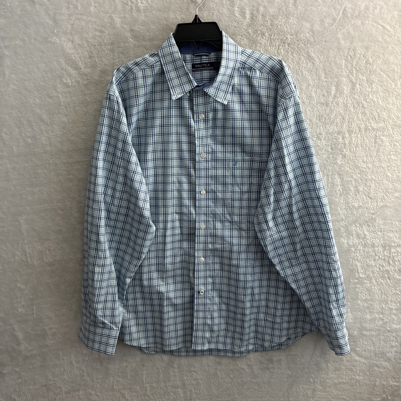 Nautica Mens Button Shirt Blue Check XL Cotton Long Sleeve Collar Pocket Logo