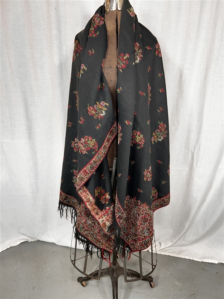 antique wool shawl black with red design woven 66 x 66 original mid 19thc