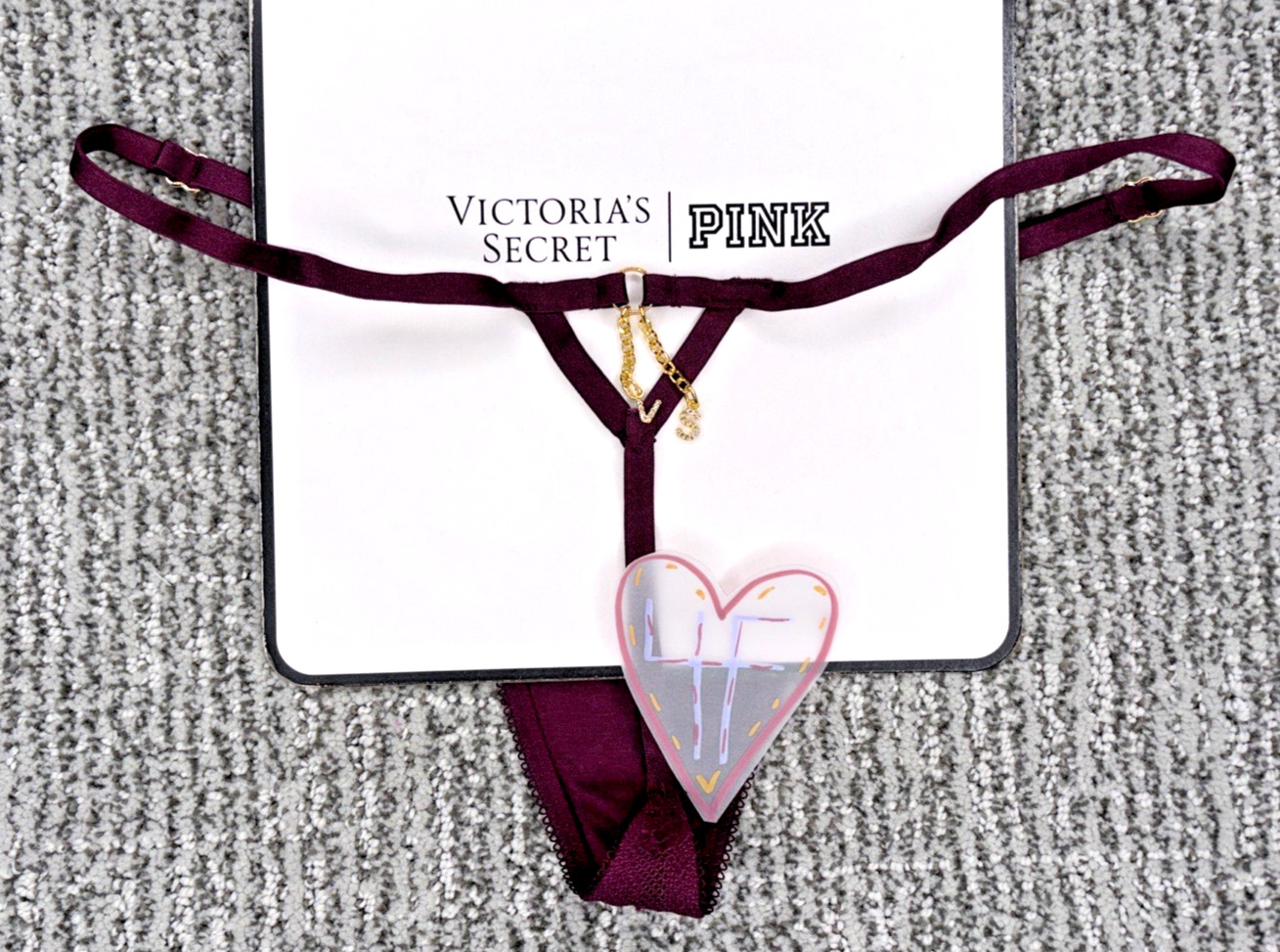 VictoriasSecret Sexy NWT Medium Maroon Lace Logo Charm Adjustable V String Panty